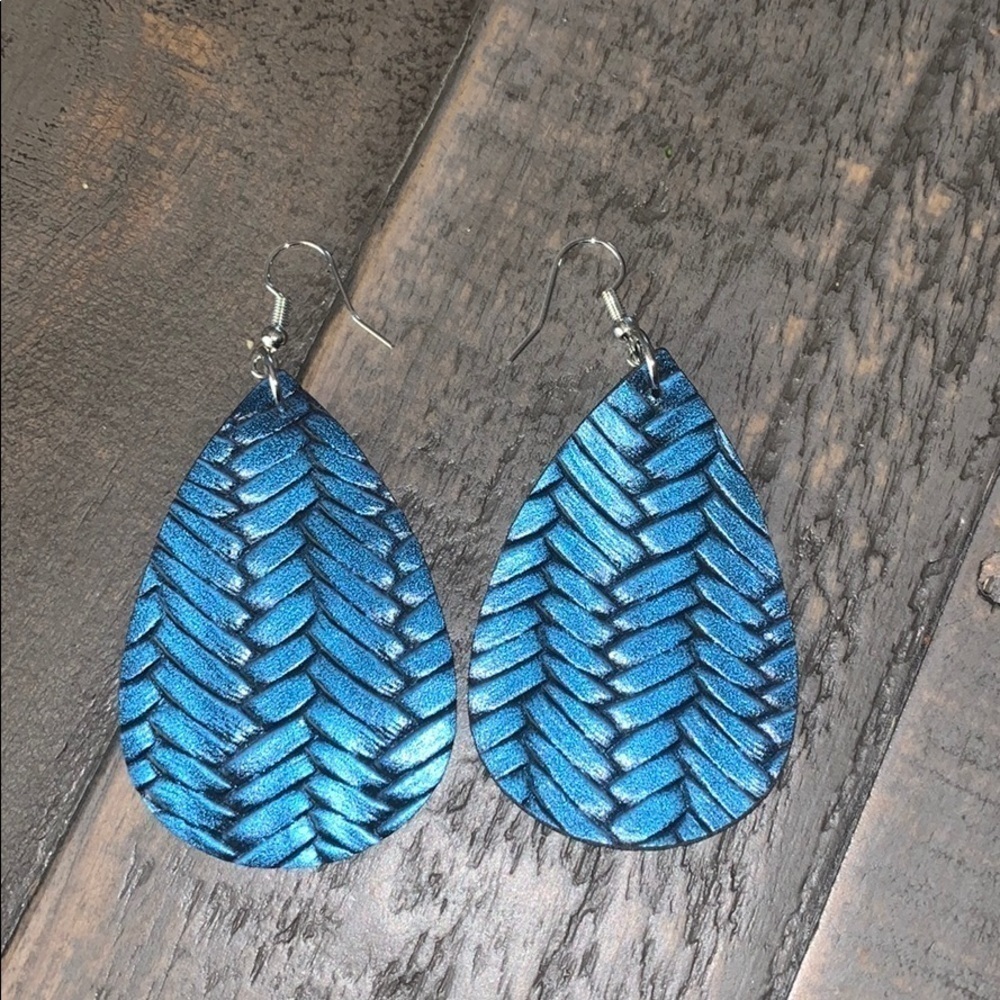 Blue Metallic Faux Leather Woven Teardrop Earrings Boho Drop Dangle Hooks